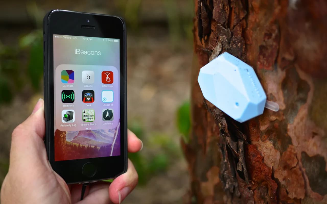 Balise Bluetooth fixée sur un tronc, et le téléphone qui la détecte à courte distance.