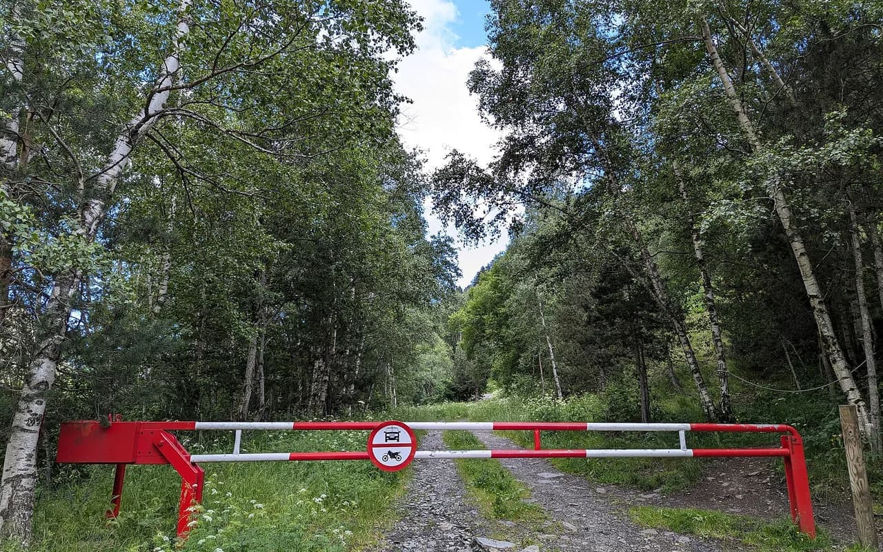 Une barrière levante rouge et blanche fermant l'accès à un chemin forestier.