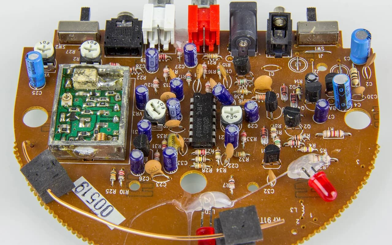 Une carte électronique garnie de condensateurs, de résistances et de circuits intégrés.