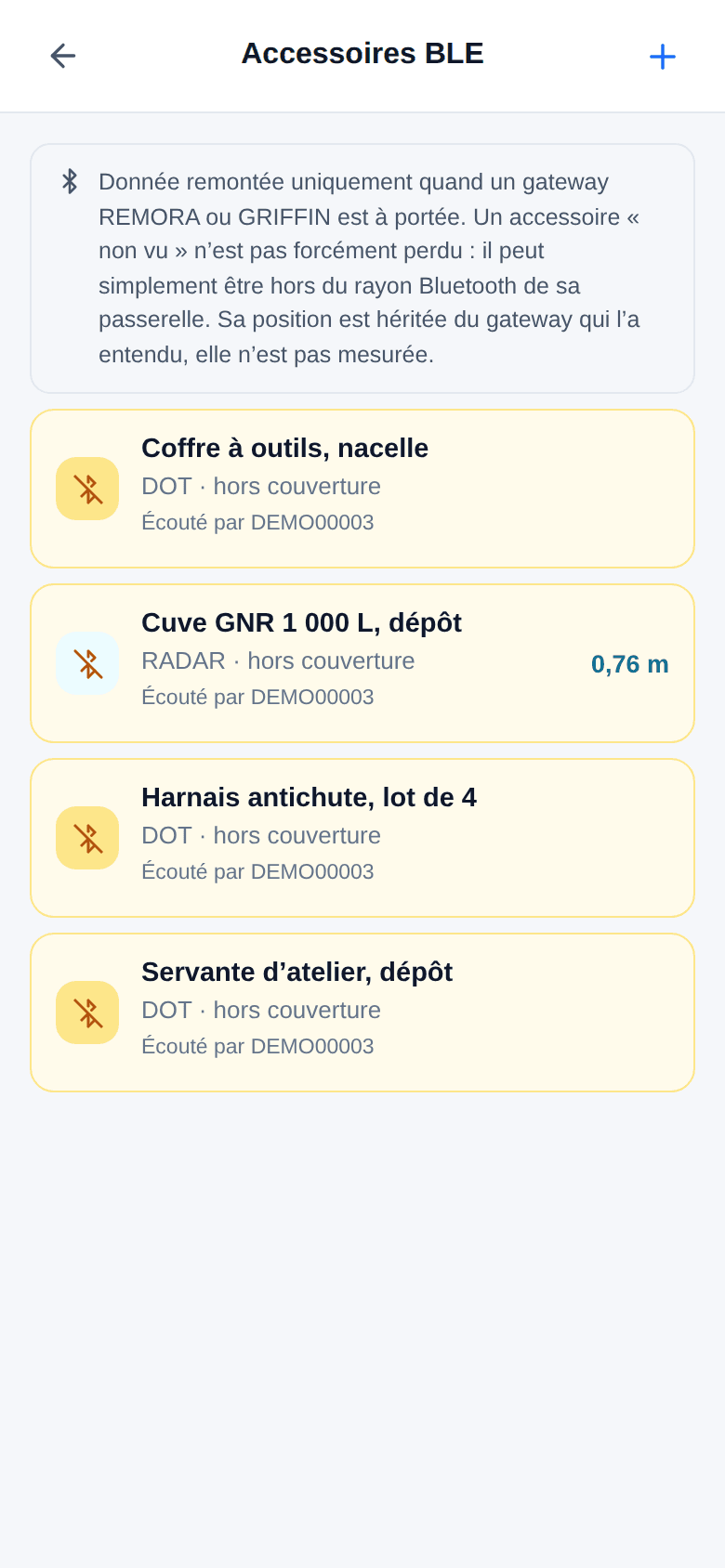 Écran des accessoires Bluetooth rattachés à un traceur passerelle.