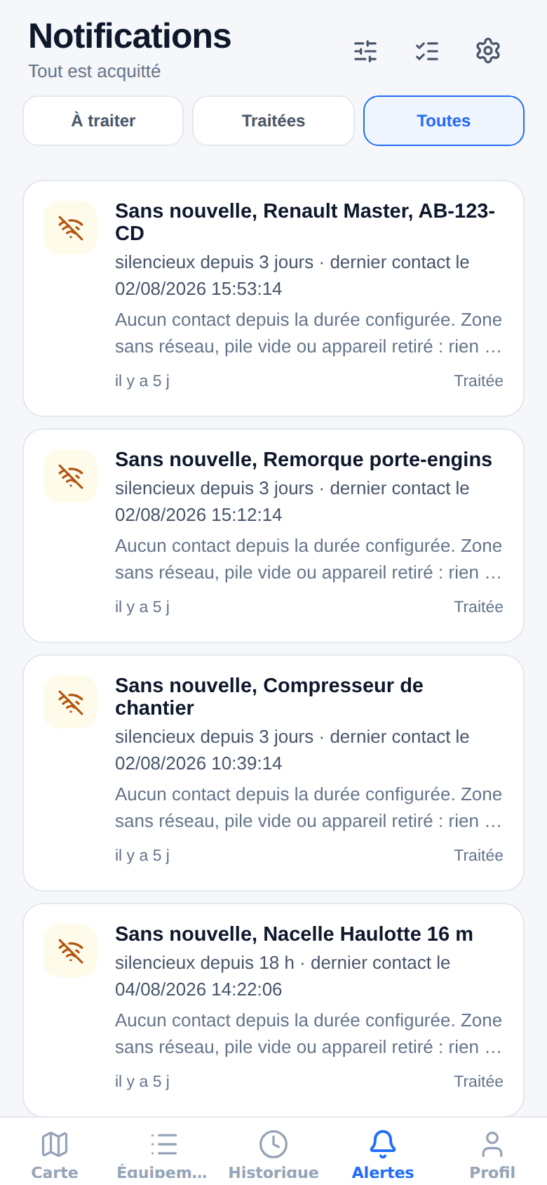 Centre de notifications listant des alertes « sans nouvelle » avec la date du dernier contact et un bouton pour acquitter.