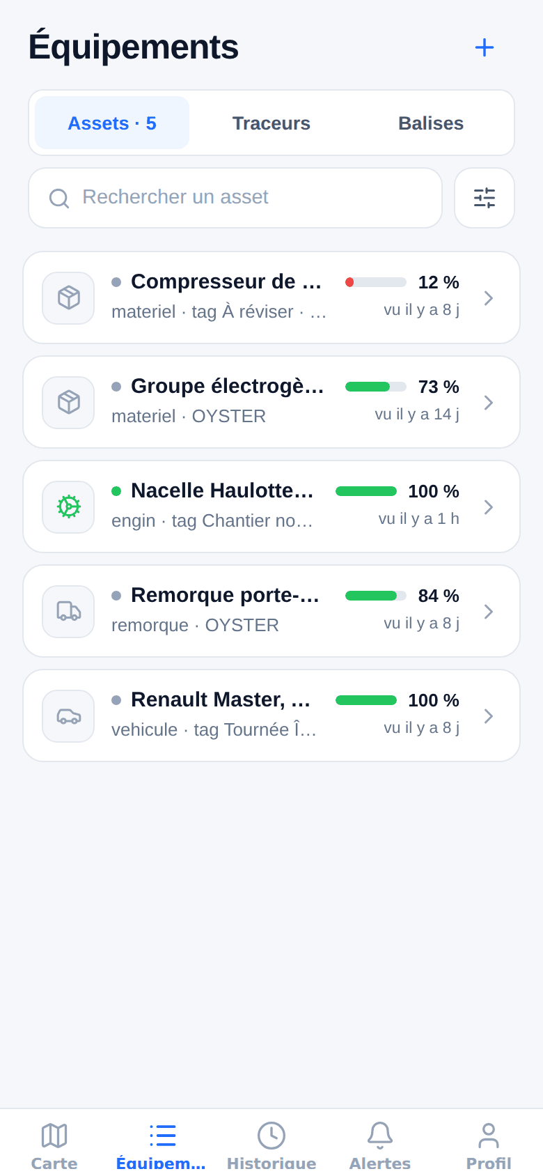 Liste des équipements du compte de démonstration : compresseur, groupe électrogène, nacelle, remorque et utilitaire, avec leur charge de pile.