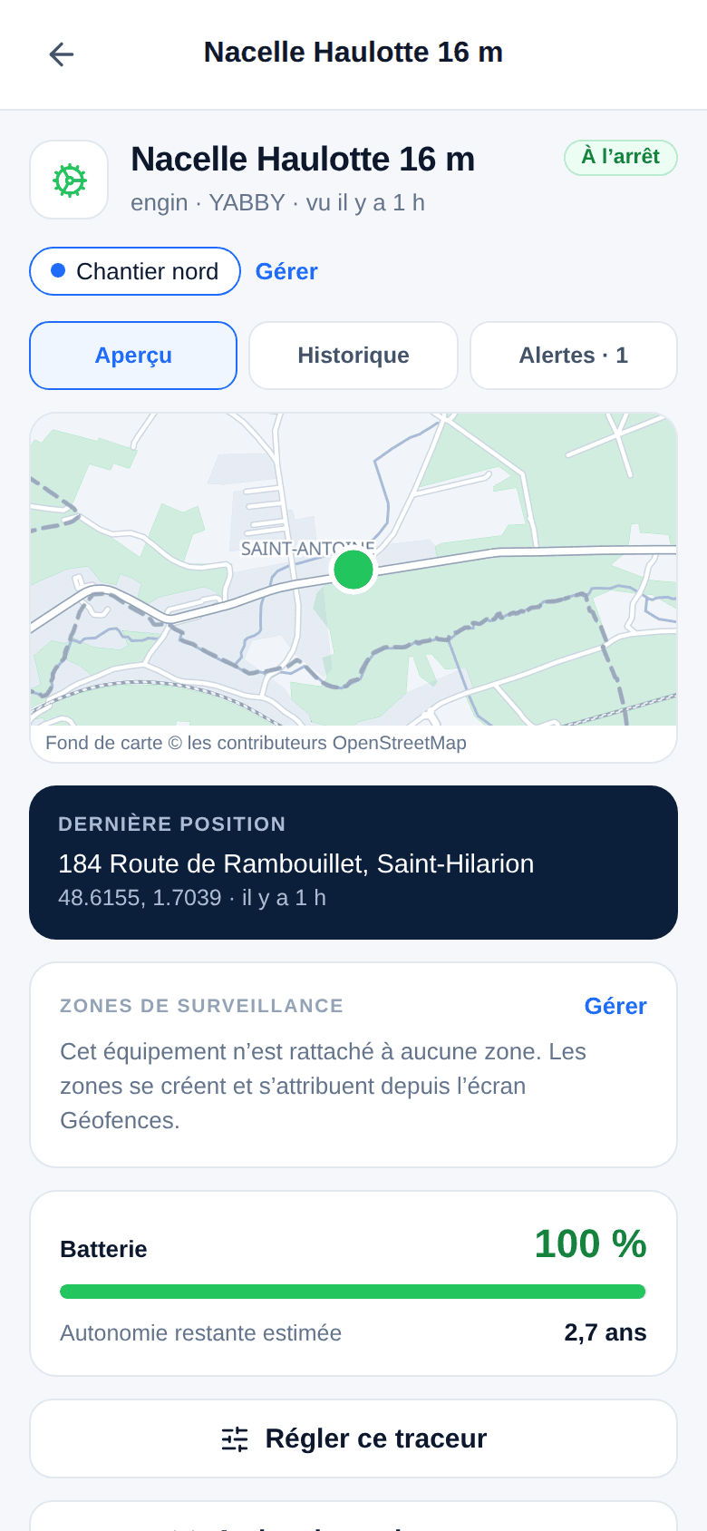 Fiche de la nacelle Haulotte : carte centrée sur sa dernière position à Paris, pile à 91 %, autonomie estimée à 10 ans, et les deux zones qui la surveillent.