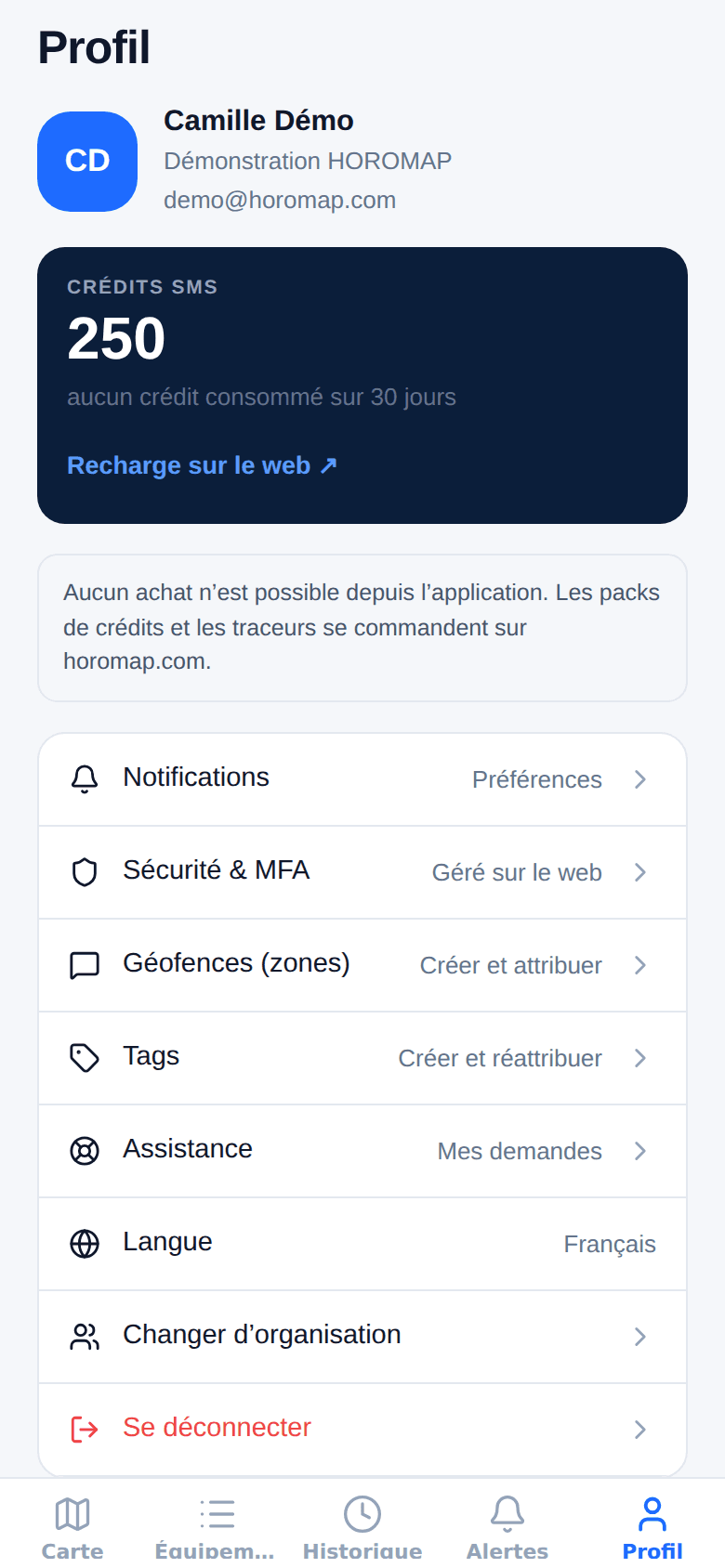 Écran de profil : identité, solde de crédits SMS, accès aux préférences, aux accessoires Bluetooth, à la sécurité et aux zones.