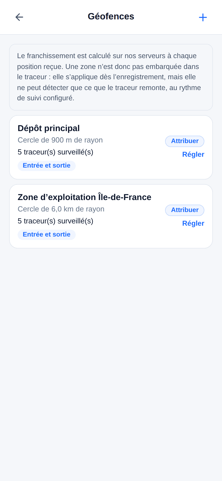 Écran des géofences : liste des zones avec leur adresse et leur règle de déclenchement.