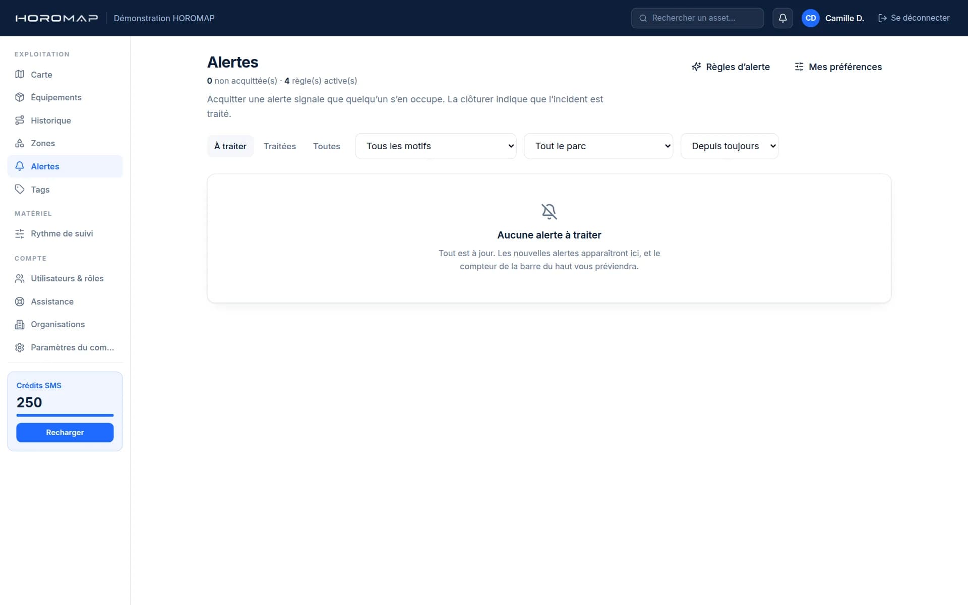 Capture de l’application HOROMAP : le centre d’alertes