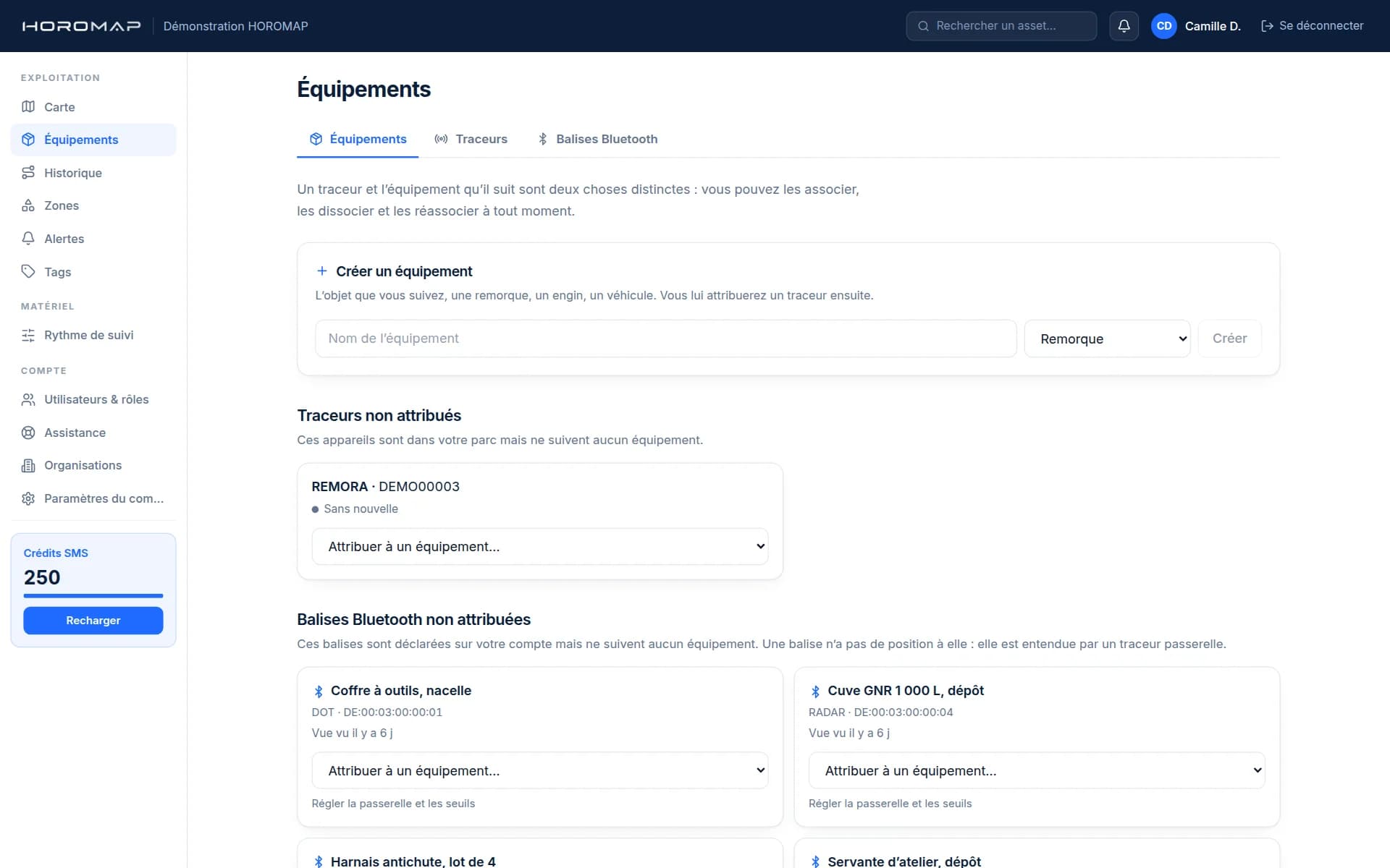 Capture de l’application HOROMAP : les équipements