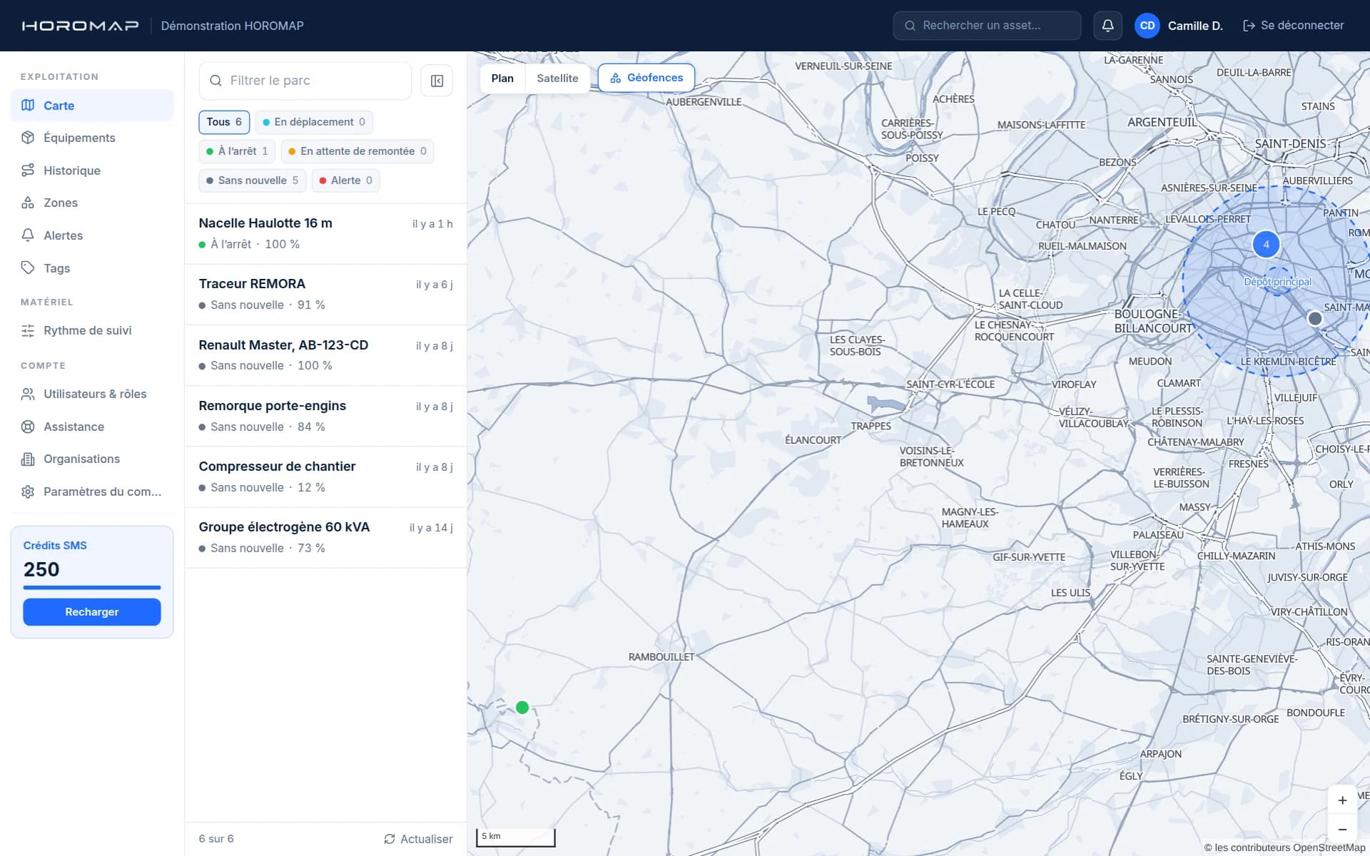 Capture de l’application HOROMAP : la carte du parc