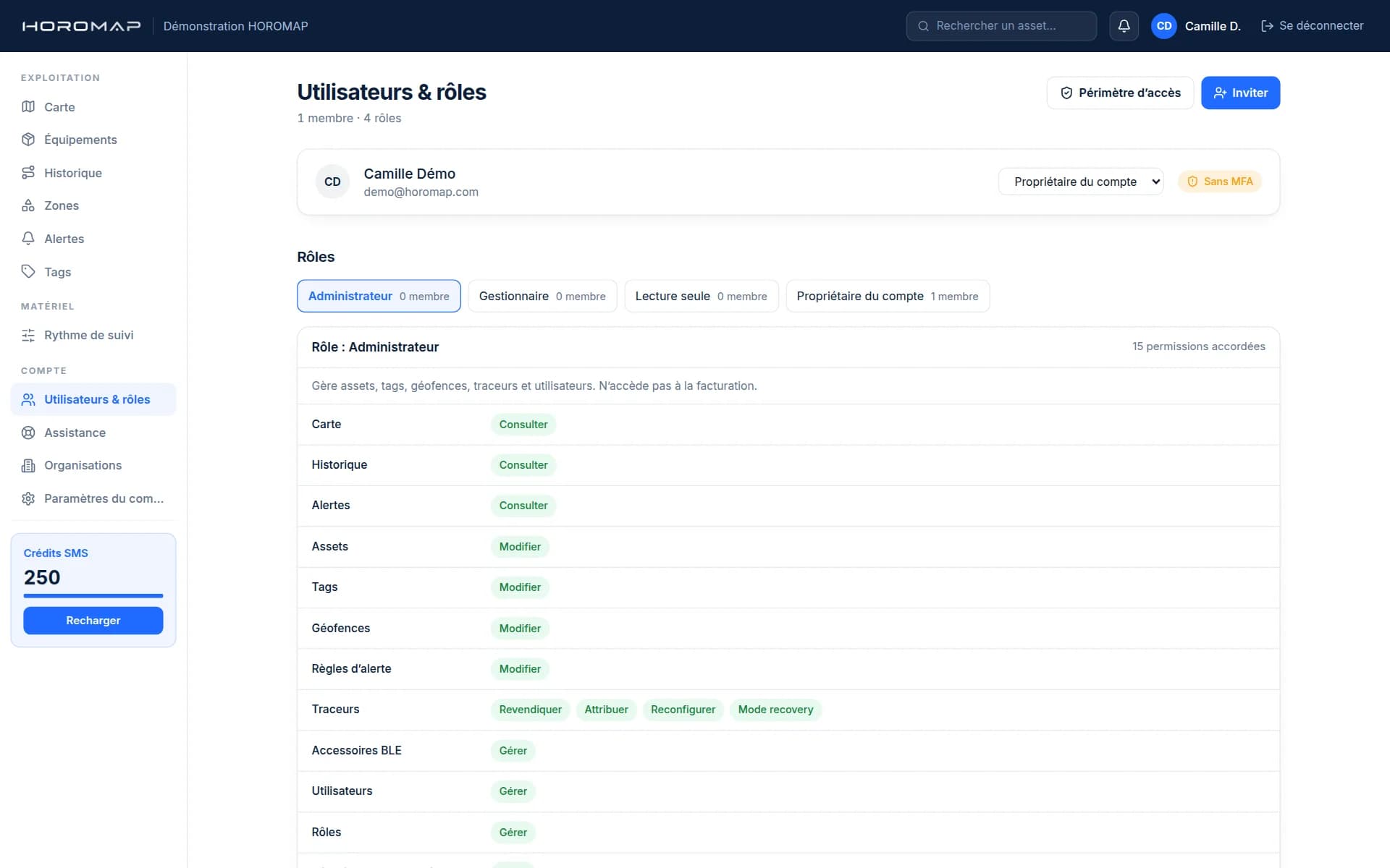 Capture de l’application HOROMAP : utilisateurs et rôles