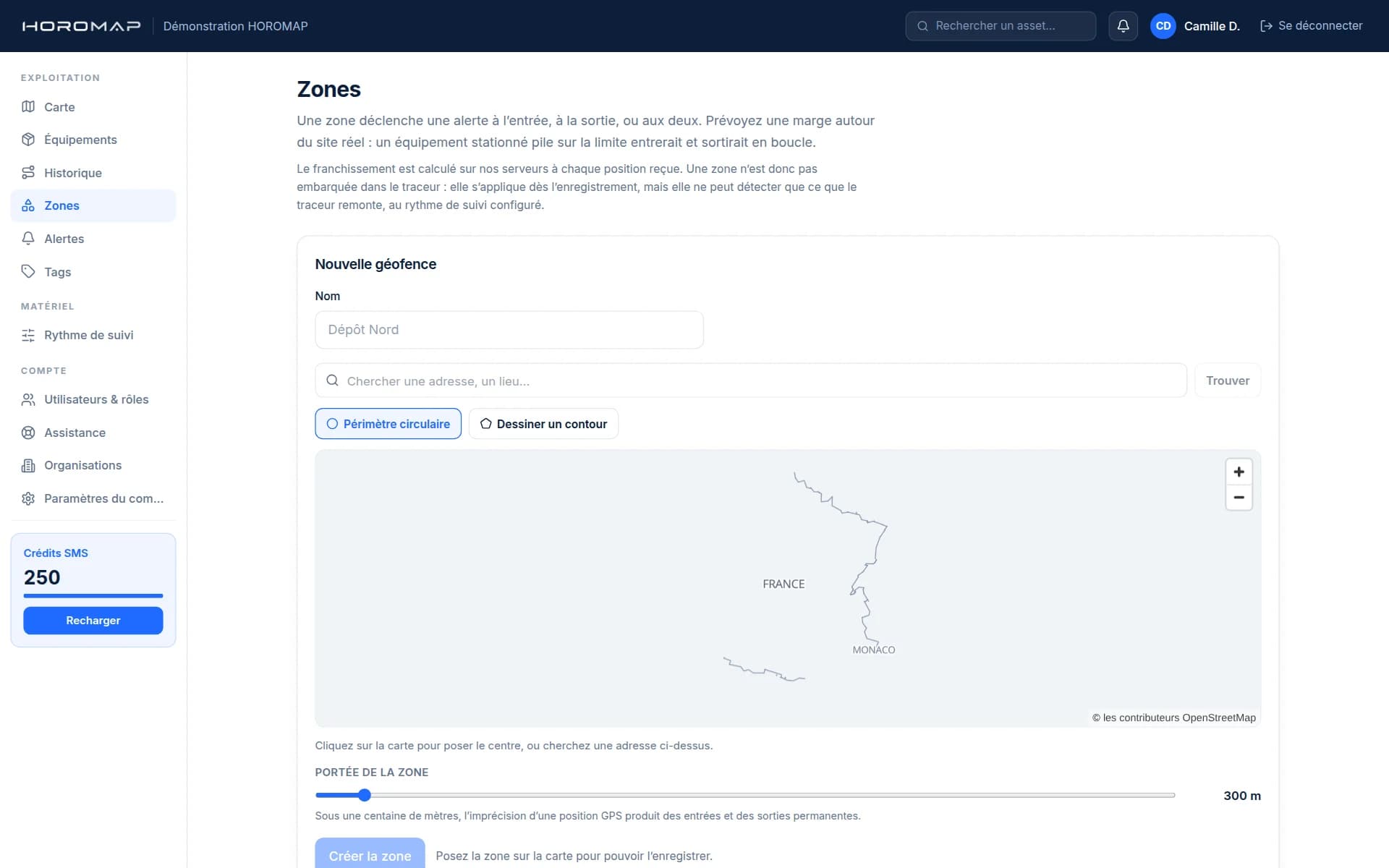 Capture de l’application HOROMAP : les zones